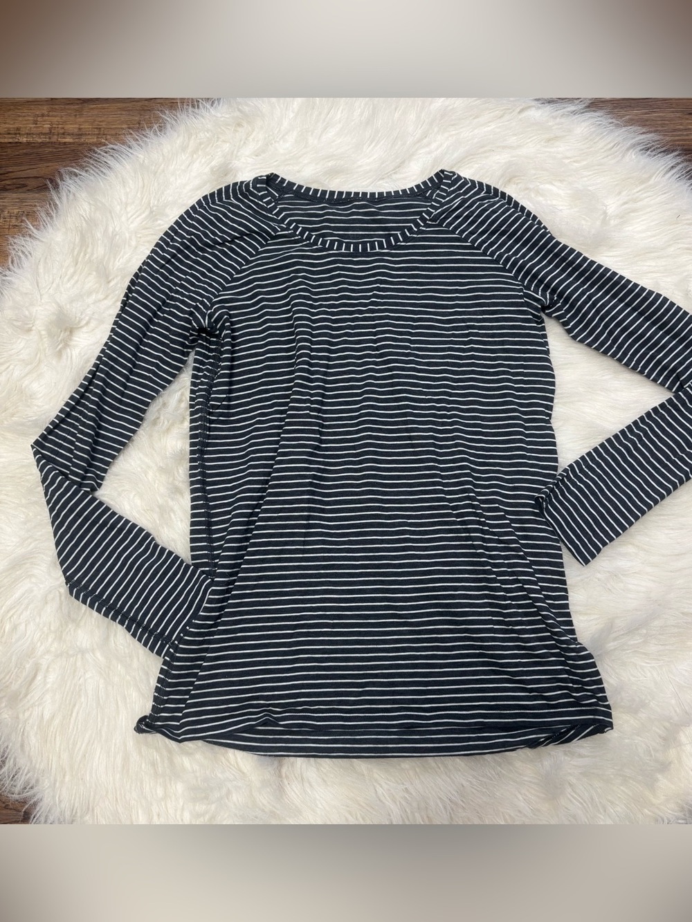 Lululemon Striped Charcoal Gray & White Long Sleeve Crewneck Tee